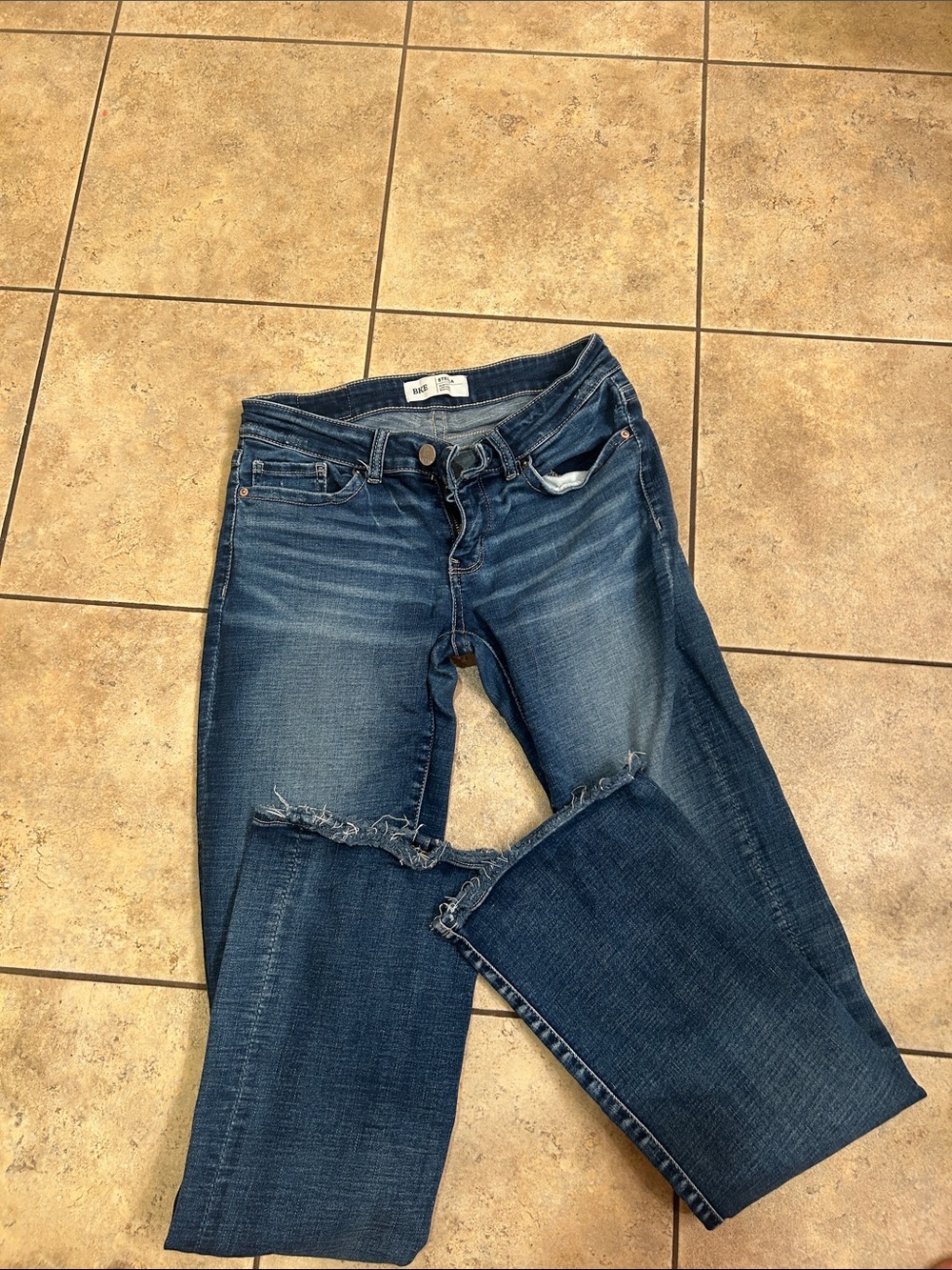 BKE Women's Dark Blue Straight Leg Jeans with Knee Distress